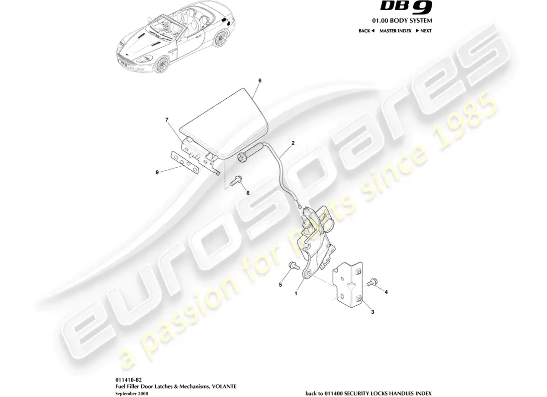 aston martin db9 (2011) mecanismo de llenado de combustible, diagrama de piezas de volante