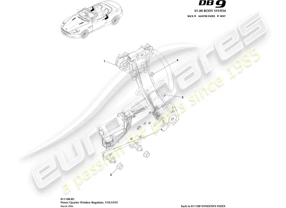aston martin db9 (2009) reguladores del cuarto trasero, volante diagrama de piezas