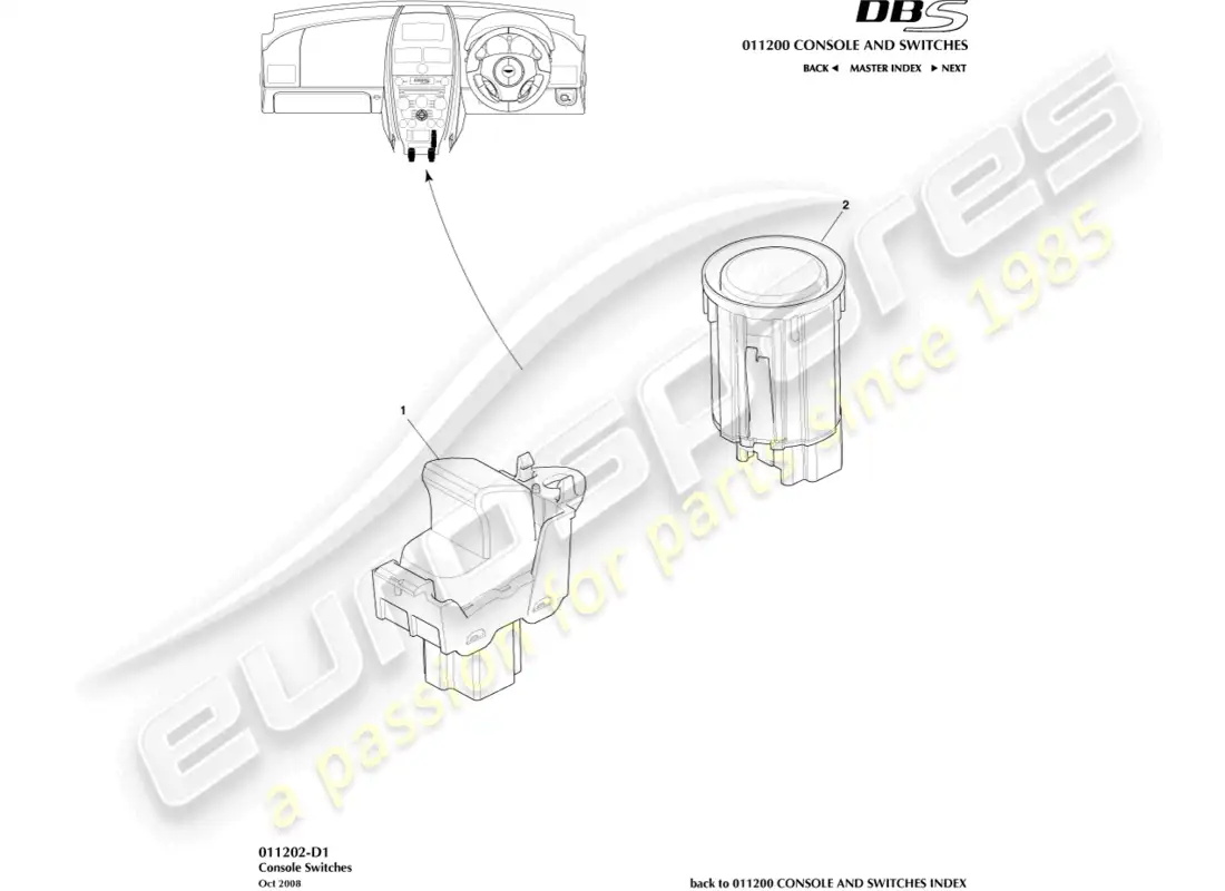 aston martin dbs (2009) conmutadores de consola diagrama de piezas