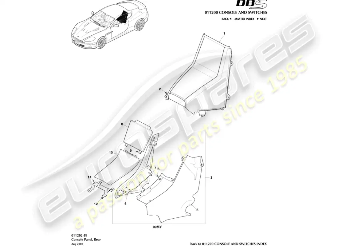 aston martin dbs (2010) consola trasera, cupé diagrama de piezas