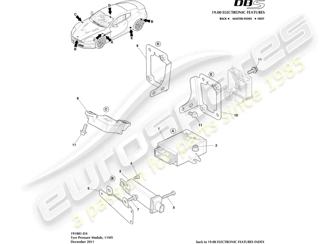 aston martin dbs (2009) módulo de presión de neumáticos, 11my diagrama de piezas