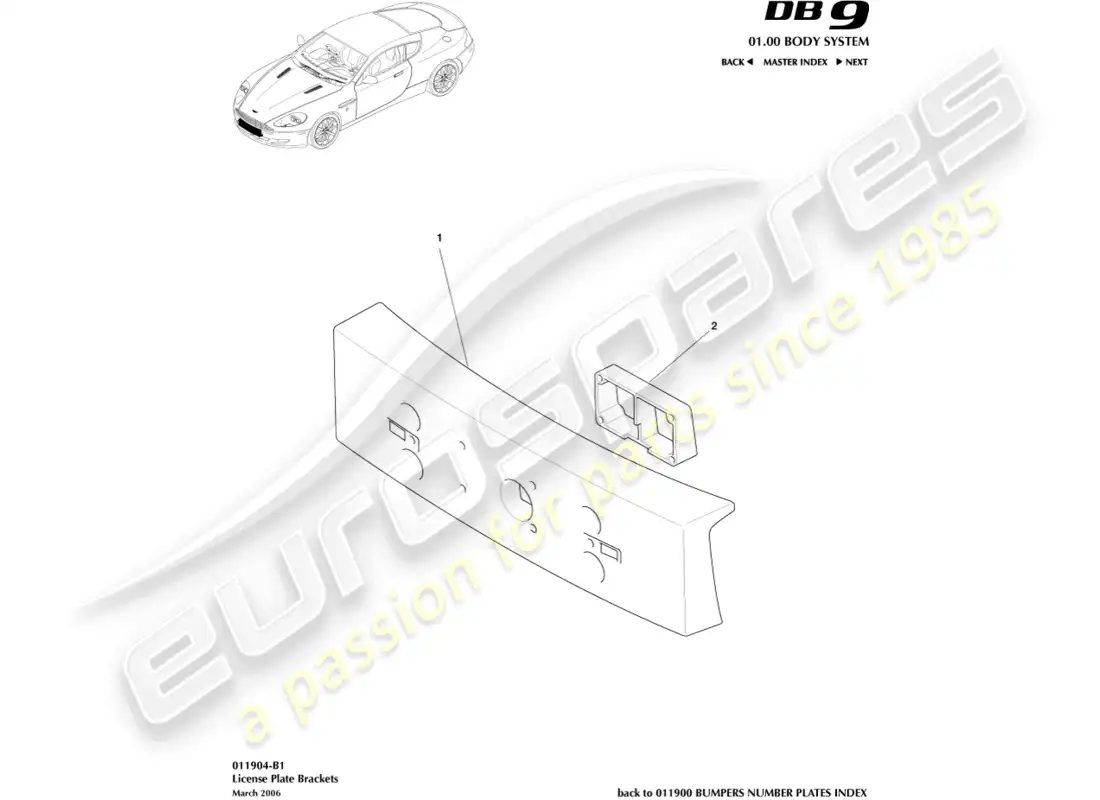 aston martin db9 (2006) soportes de matrícula diagrama de piezas