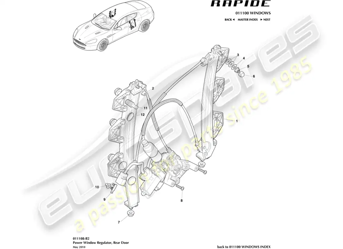 aston martin rapide (2014) regulador de ventana trasera diagrama de piezas