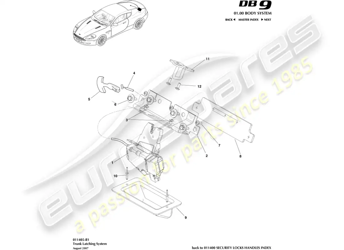 aston martin db9 (2006) sistema de cierre del maletero diagrama de piezas