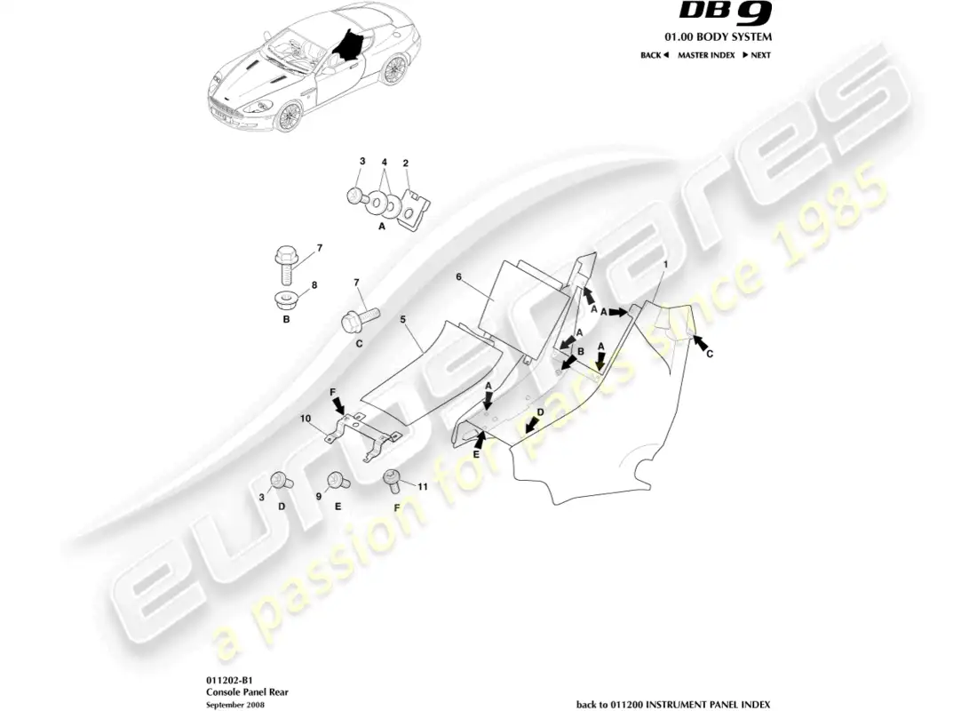 aston martin db9 (2004) consola trasera, cupé diagrama de piezas