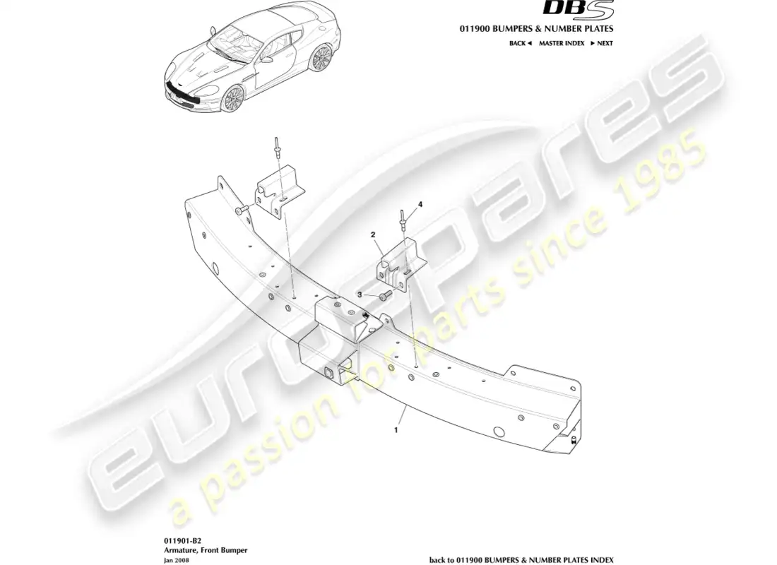 aston martin dbs (2014) armadura del parachoques delantero diagrama de piezas
