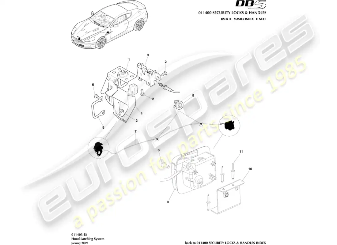 aston martin dbs (2009) sistema de cierre del capó diagrama de piezas
