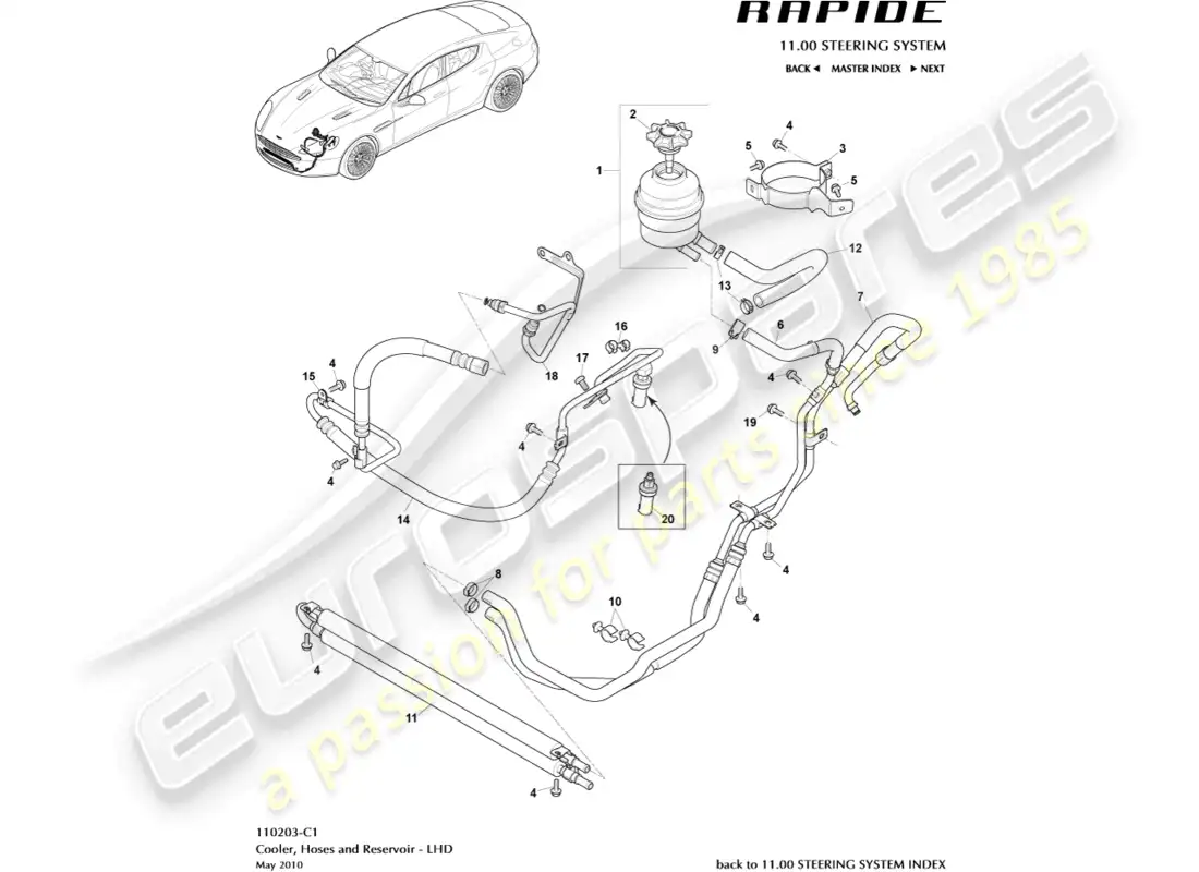 aston martin rapide (2010) mangueras pas, volante a la izquierda diagrama de piezas