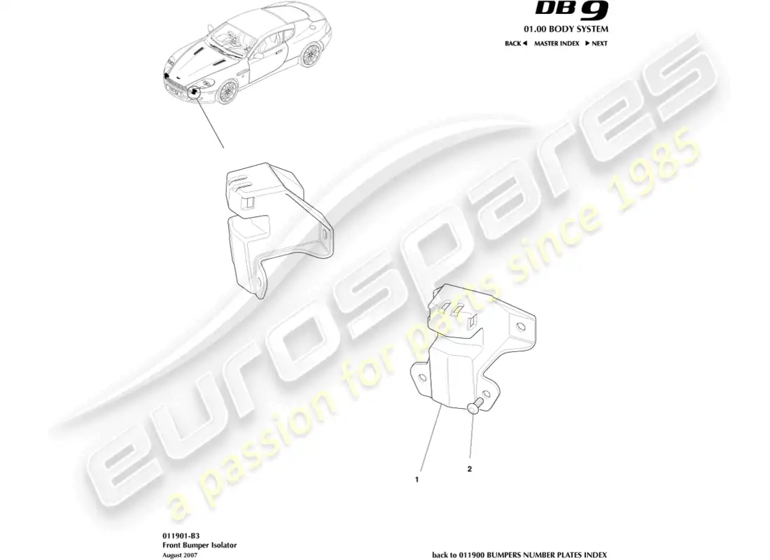 aston martin db9 (2007) aislador del parachoques delantero diagrama de piezas