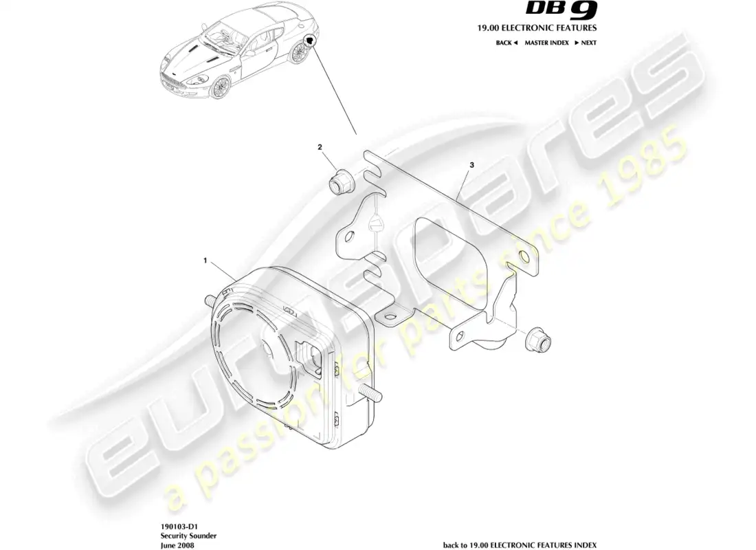 aston martin db9 (2007) sirena de seguridad diagrama de piezas