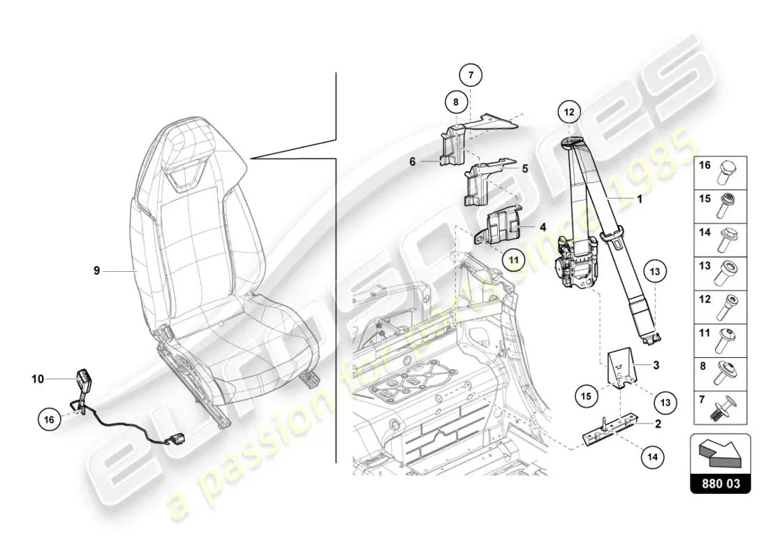 lamborghini evo spyder (2022) cinturones de seguridad diagrama de piezas