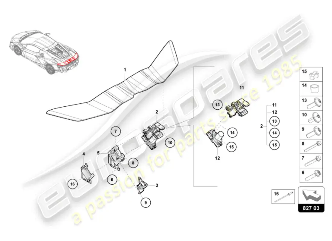 lamborghini revuelto coupe (2024) alerón trasero diagrama de piezas