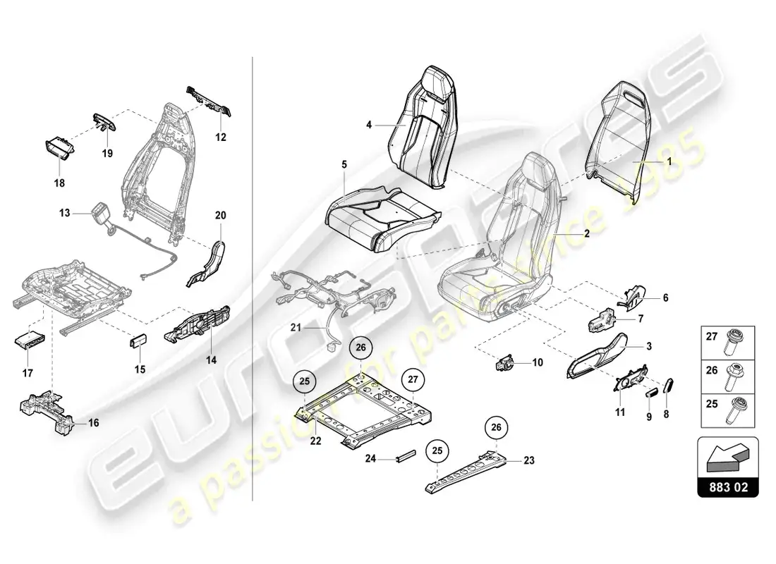 lamborghini urus (2020) asiento trasero dividido diagrama de piezas