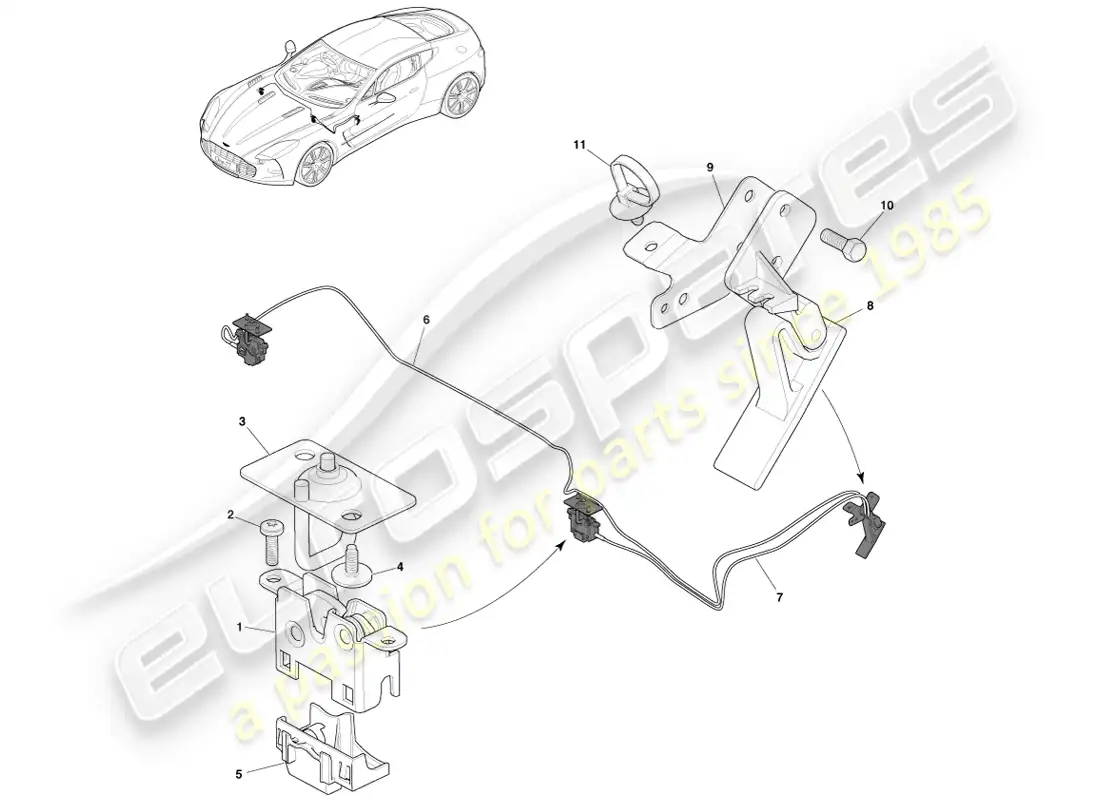 aston martin one-77 (2011) sistema de cierre del capó diagrama de piezas