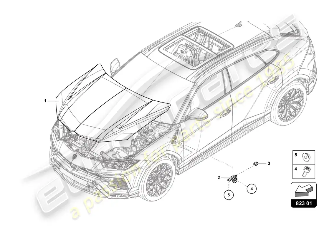 lamborghini urus (2020) capó diagrama de piezas