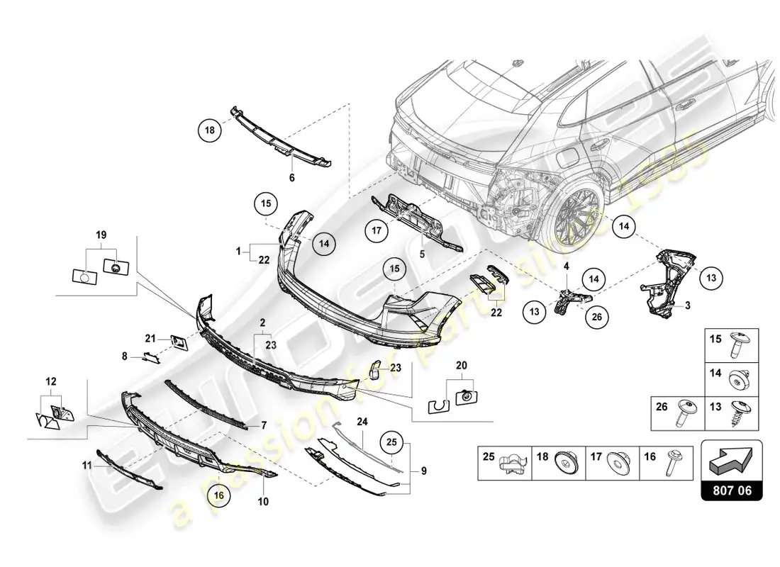 lamborghini urus s (2023) parachoques trasero completo diagrama de piezas
