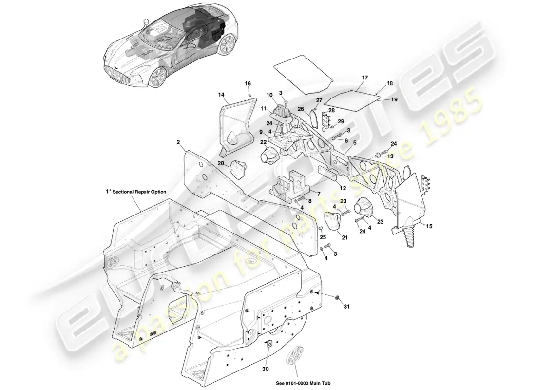 aston martin one-77 (2011) conjunto de bañera trasera diagrama de piezas