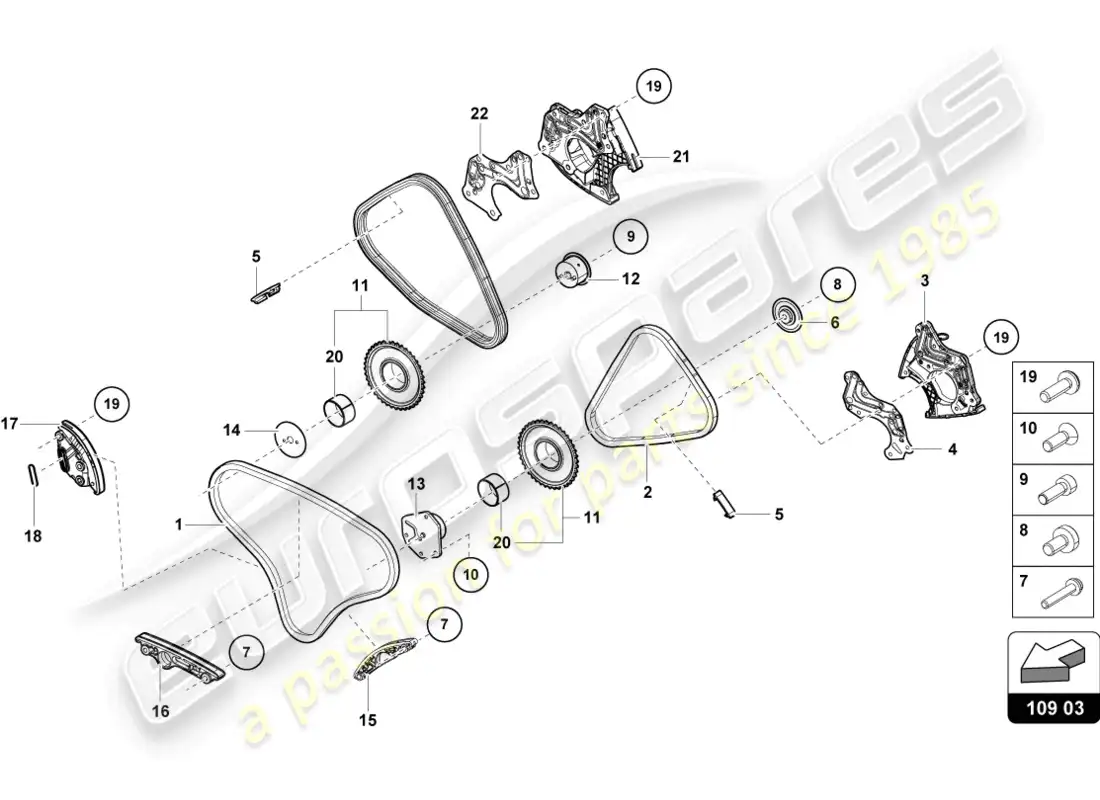 lamborghini evo spyder (2022) cadena de distribución diagrama de piezas