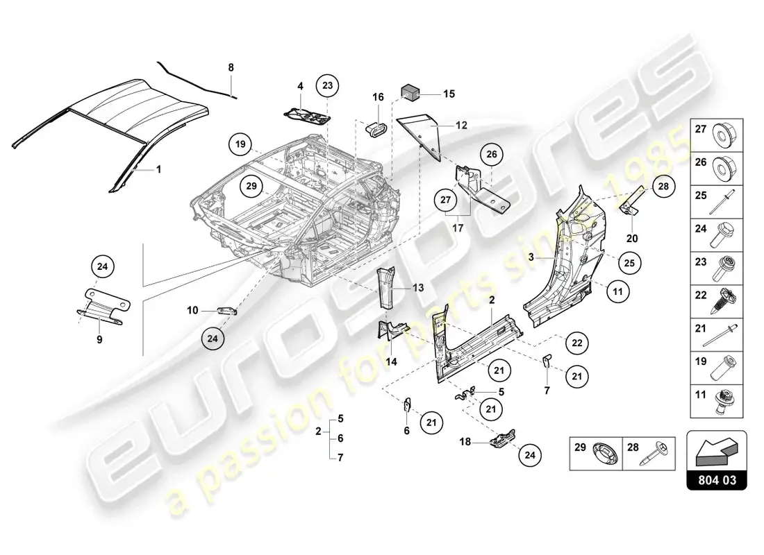 lamborghini sto (2022) refuerzo del techo diagrama de piezas