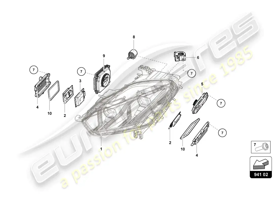 lamborghini tecnica (2024) sistema de iluminación delantero diagrama de piezas