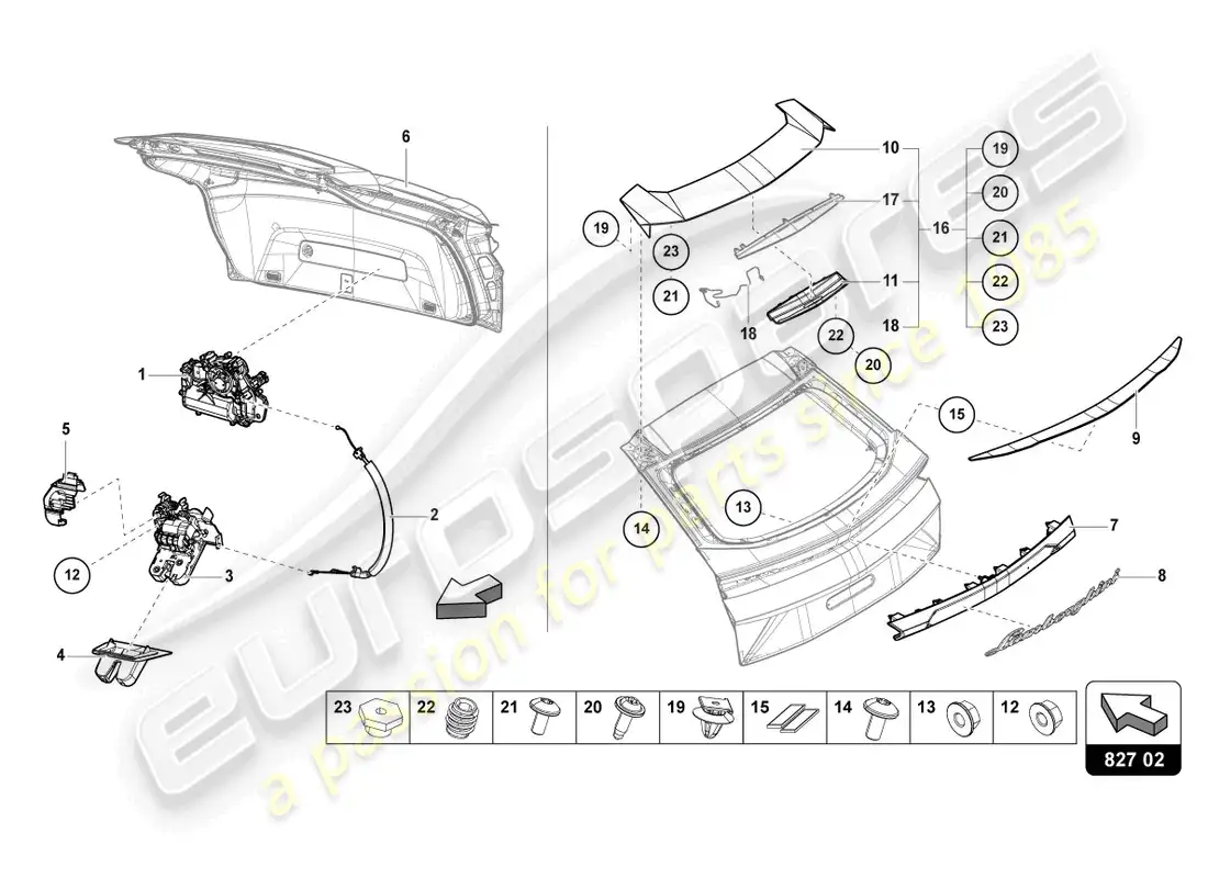 lamborghini urus (2022) tapa trasera trasera diagrama de piezas