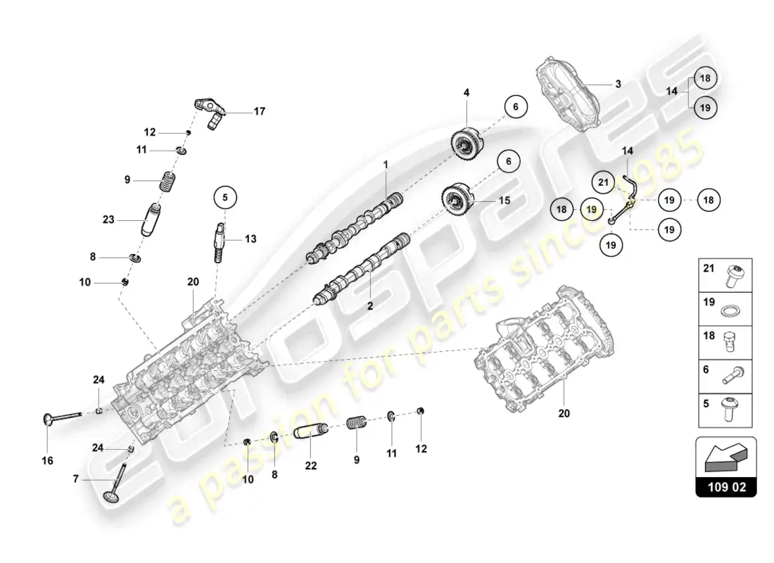 lamborghini evo spyder (2022) árbol de levas, válvulas diagrama de piezas