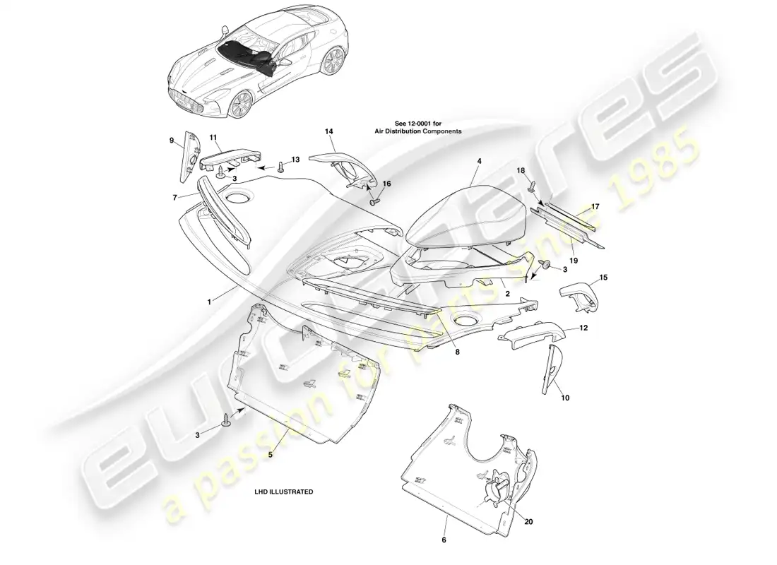aston martin one-77 (2011) tablero de instrumentos diagrama de piezas