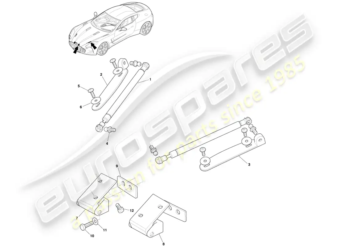aston martin one-77 (2011) sistema de bisagras del capó diagrama de piezas