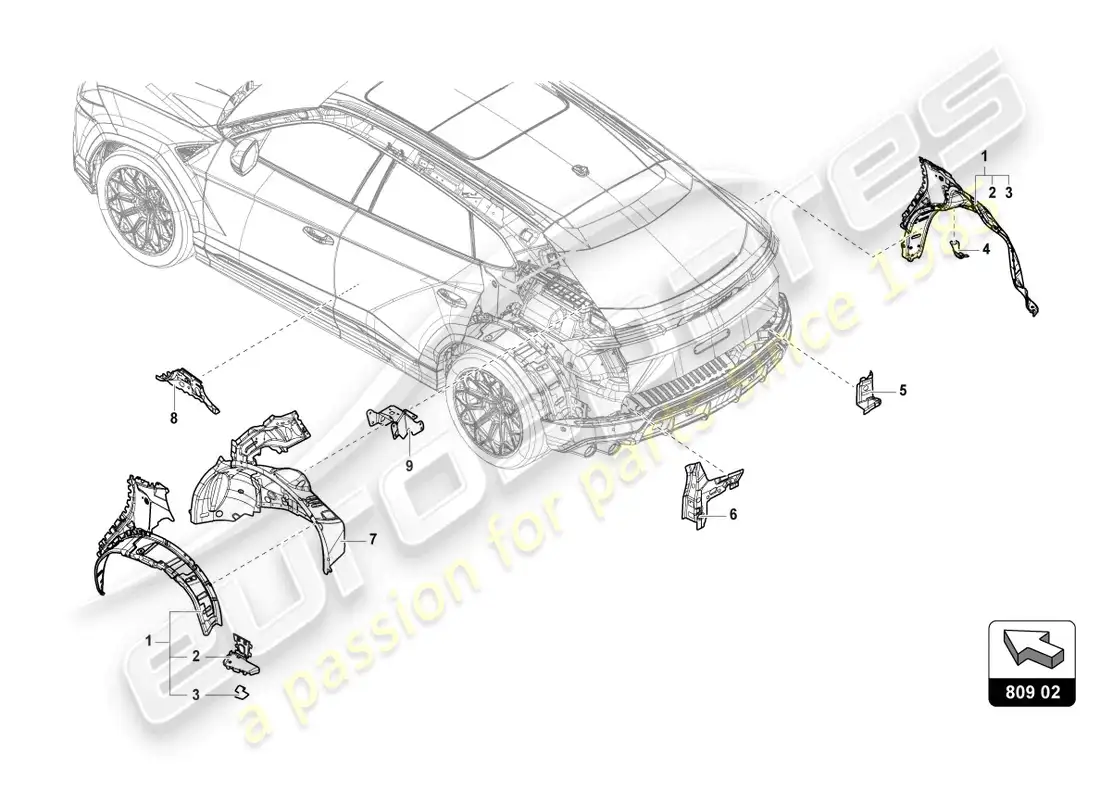lamborghini urus performante (2023) protector de ala trasero diagrama de piezas