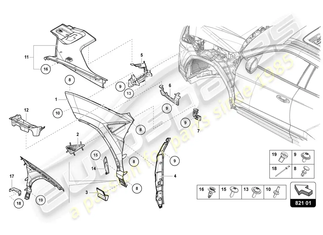 lamborghini urus (2020) protector de ala delantero diagrama de piezas