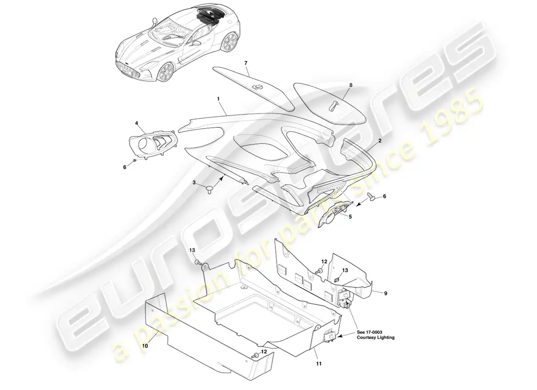 aston martin one-77 (2011) revestimiento del compartimento de carga diagrama de piezas