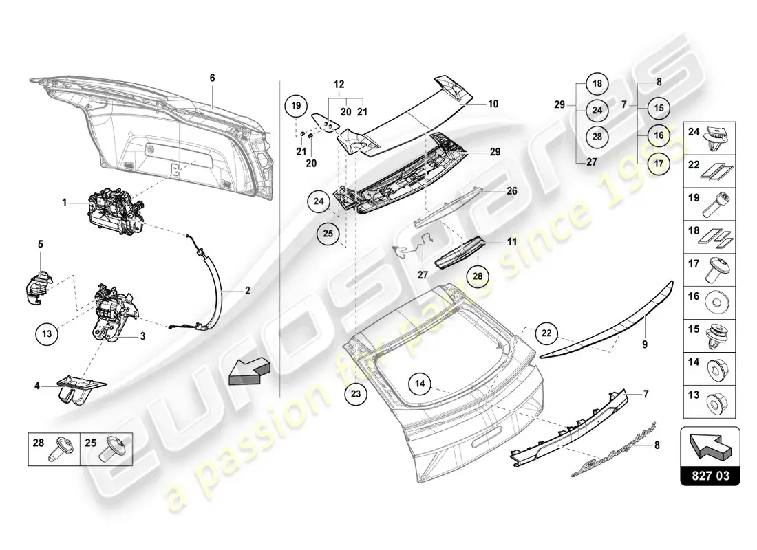 lamborghini urus performante (2023) spoiler para tapa trasera trasero diagrama de piezas