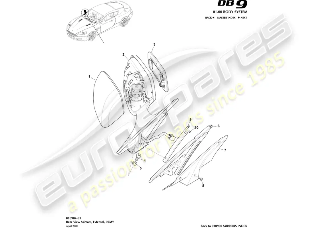 aston martin db9 (2012) espejos retrovisores exteriores, 09my diagrama de piezas