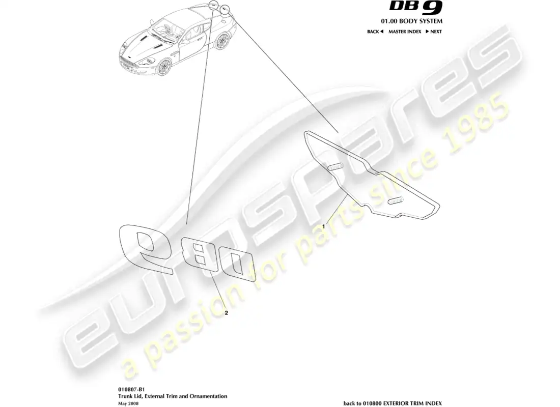 aston martin db9 (2012) embellecedor de tapa de maletero, cupé diagrama de piezas