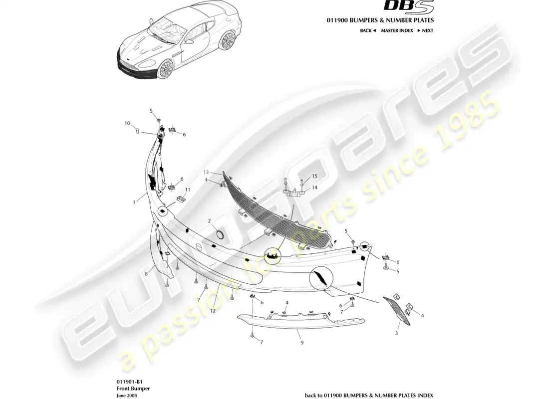 aston martin dbs (2013) parachoques delantero diagrama de piezas