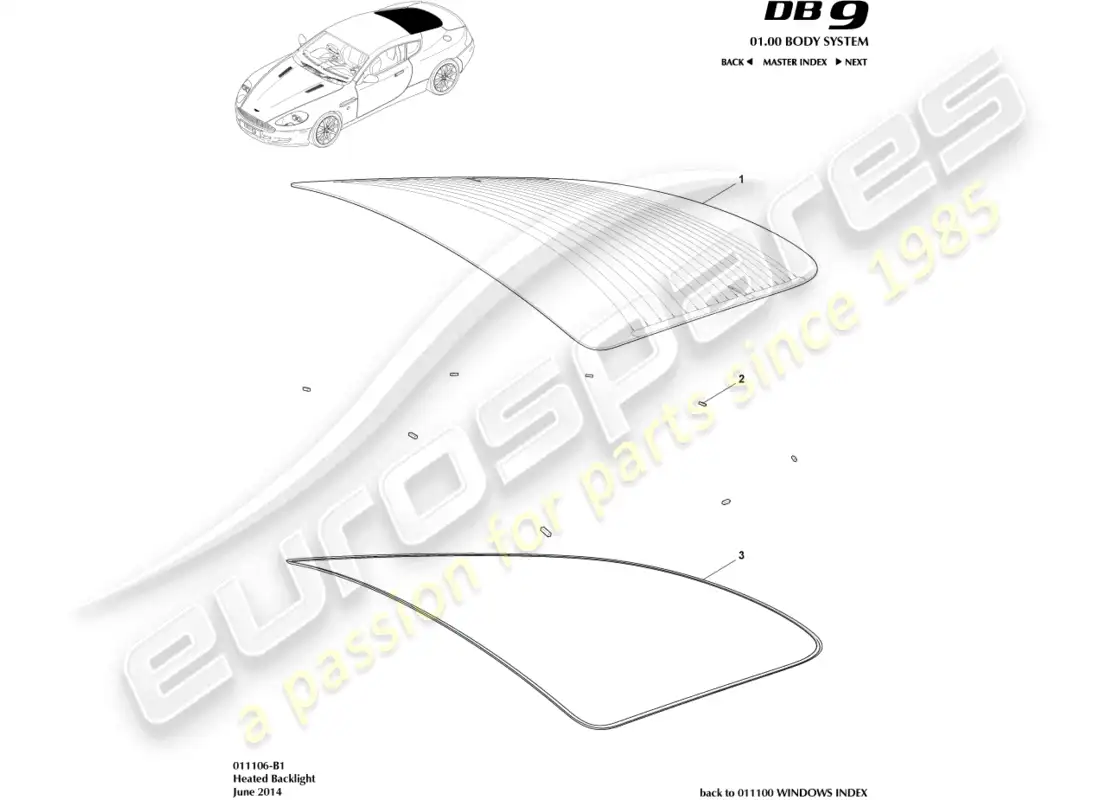 aston martin db9 (2009) parabrisas trasero diagrama de piezas
