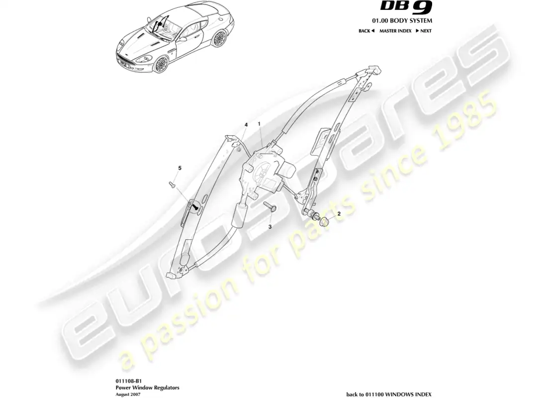 aston martin db9 (2011) diagrama de piezas de los reguladores de ventanas de puertas