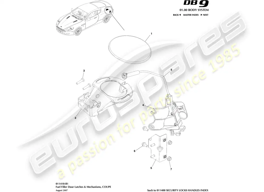 aston martin db9 (2010) mecanismo de llenado de combustible, cupé diagrama de piezas