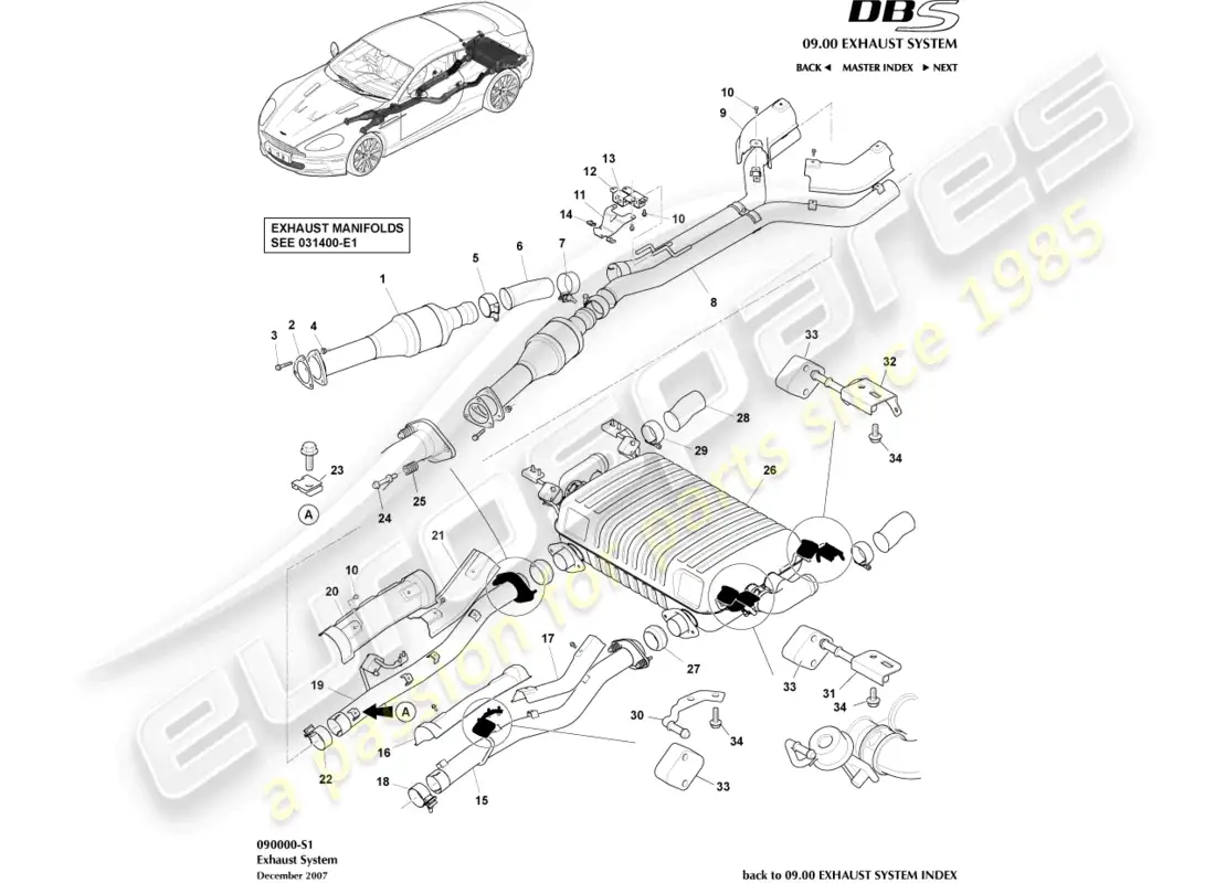 aston martin dbs (2013) sistema de escape diagrama de piezas