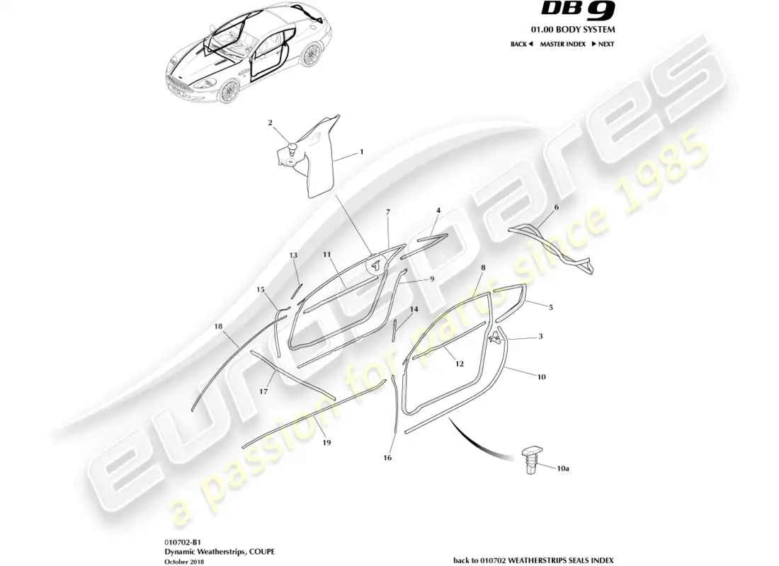 aston martin db9 (2012) burletes dinámicos, diagrama de piezas del cupé