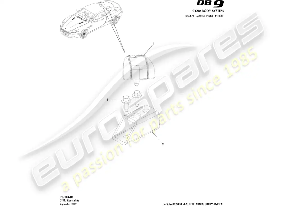 aston martin db9 (2012) sistemas de retención infantil diagrama de piezas