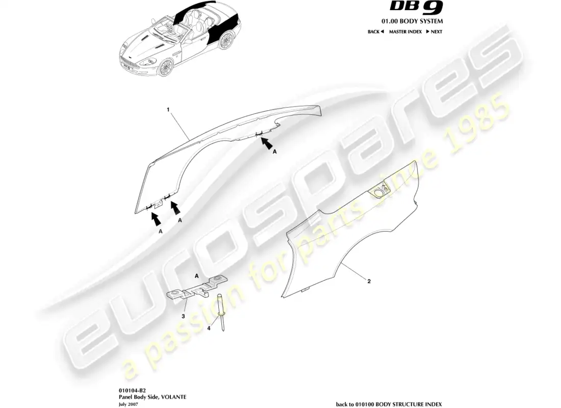 aston martin db9 (2012) lado del cuerpo del panel, diagrama de piezas de volante