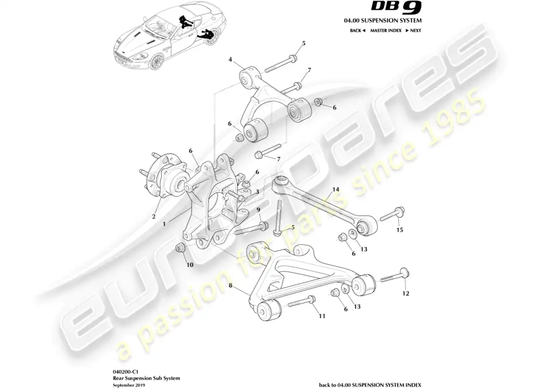 aston martin db9 (2012) diagrama de piezas del conjunto de suspensión trasera