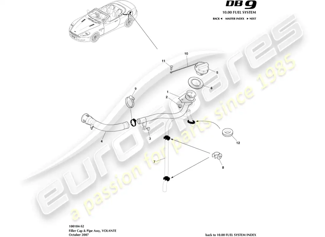aston martin db9 (2012) tapón y tubo de llenado de combustible, volante diagrama de piezas