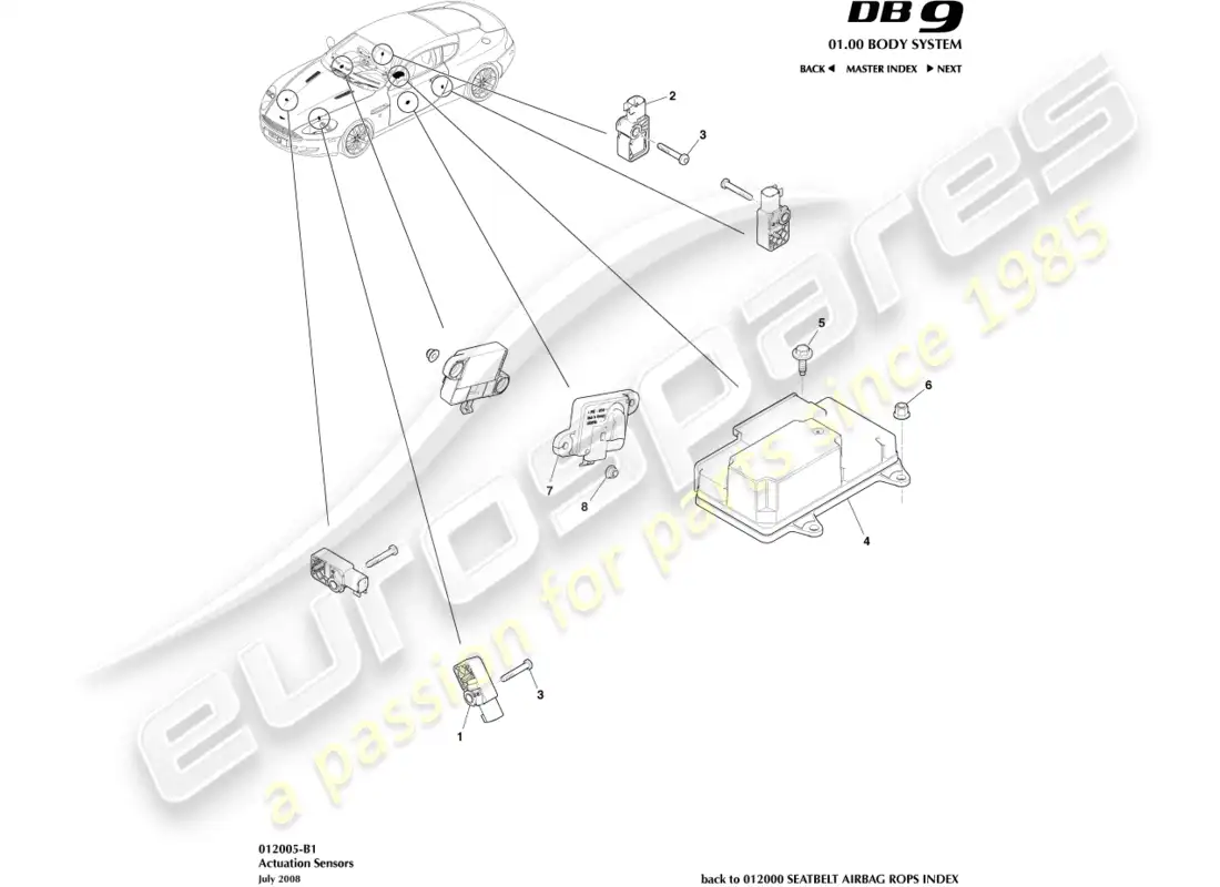 aston martin db9 (2012) sensores de actuación diagrama de piezas