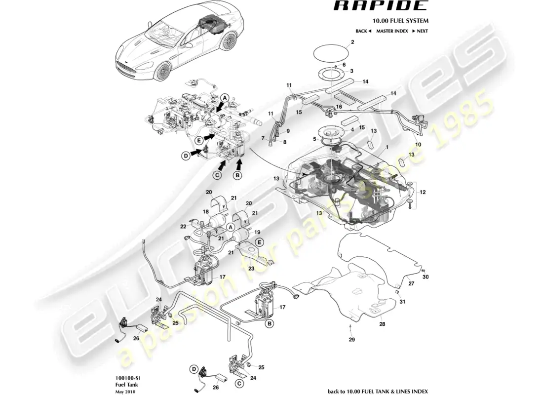 aston martin rapide (2018) conjunto del tanque de combustible diagrama de piezas