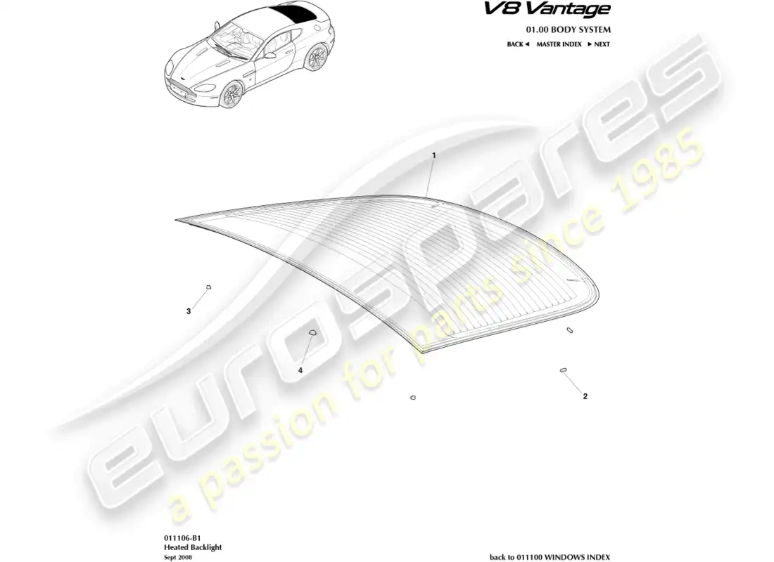 aston martin v8 vantage (2008) diagrama de piezas del parabrisas trasero
