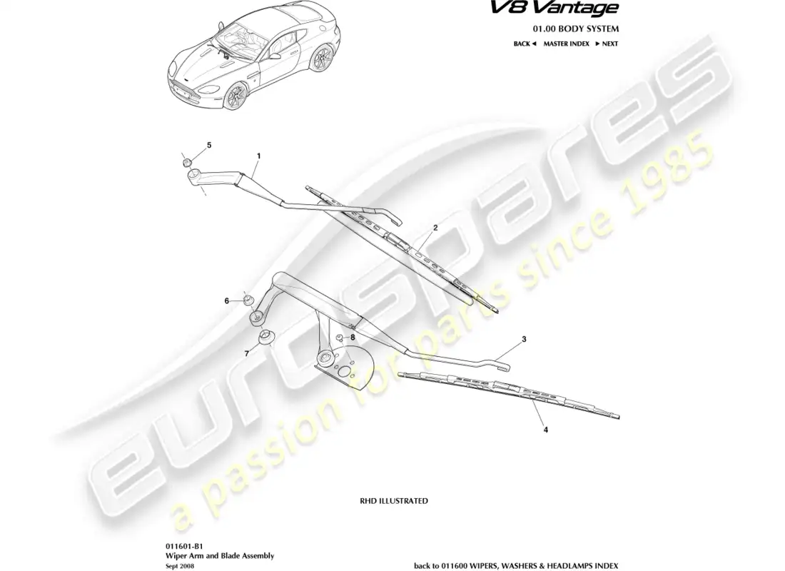 aston martin v8 vantage (2008) diagrama de piezas del conjunto de la escobilla del limpiaparabrisas