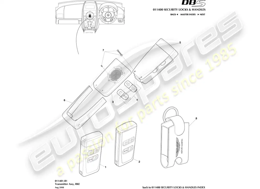 aston martin dbs (2009) transmisor, rke diagrama de piezas