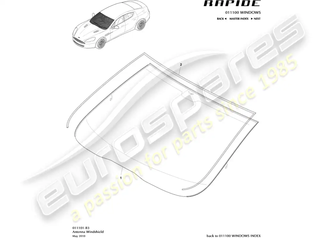 aston martin rapide (2014) parabrisas diagrama de piezas